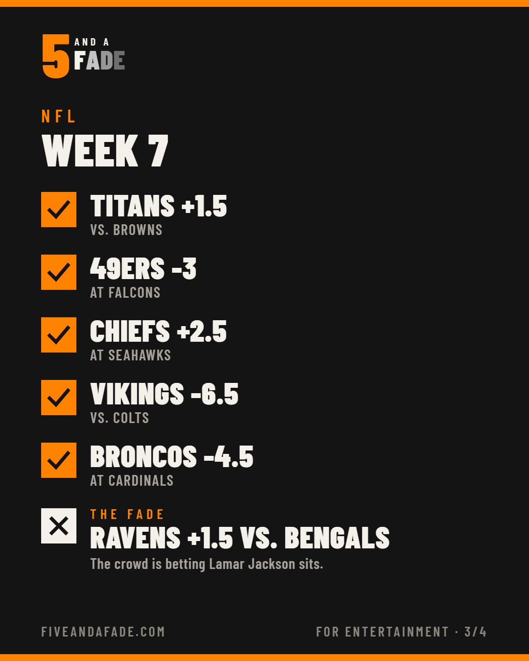 Five and a Fade NFL Week 7 picks