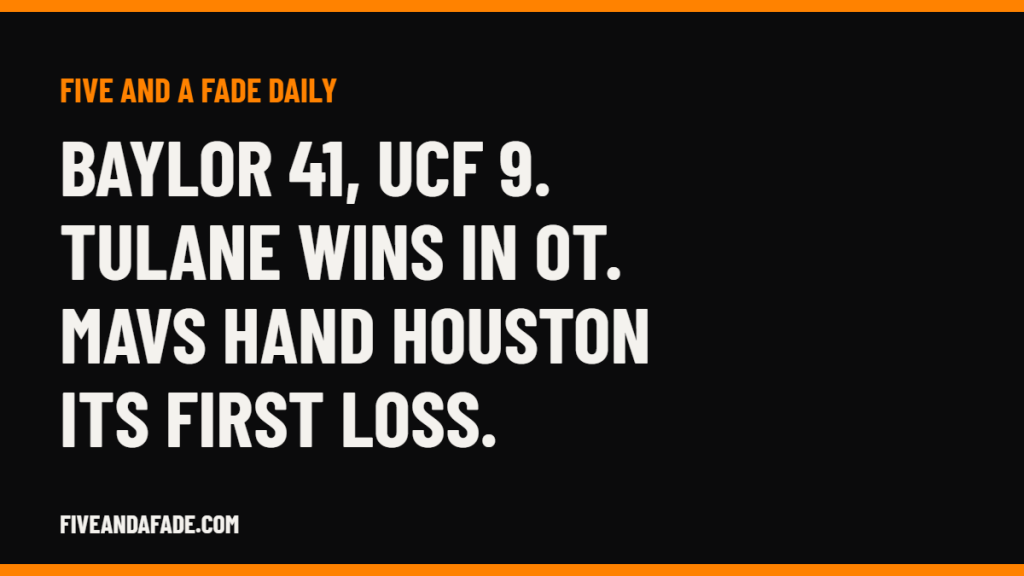 Five and a Fade Daily: Baylor beats UCF 41-9, Tulane beats Charlotte 38-31 in overtime, Mavericks beat Rockets 116-111