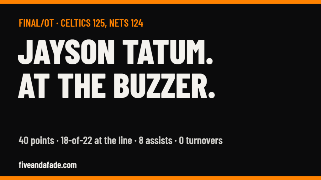 Card: Jayson Tatum at the buzzer, Boston Celtics 125, Brooklyn Nets 124 in overtime, 40 points