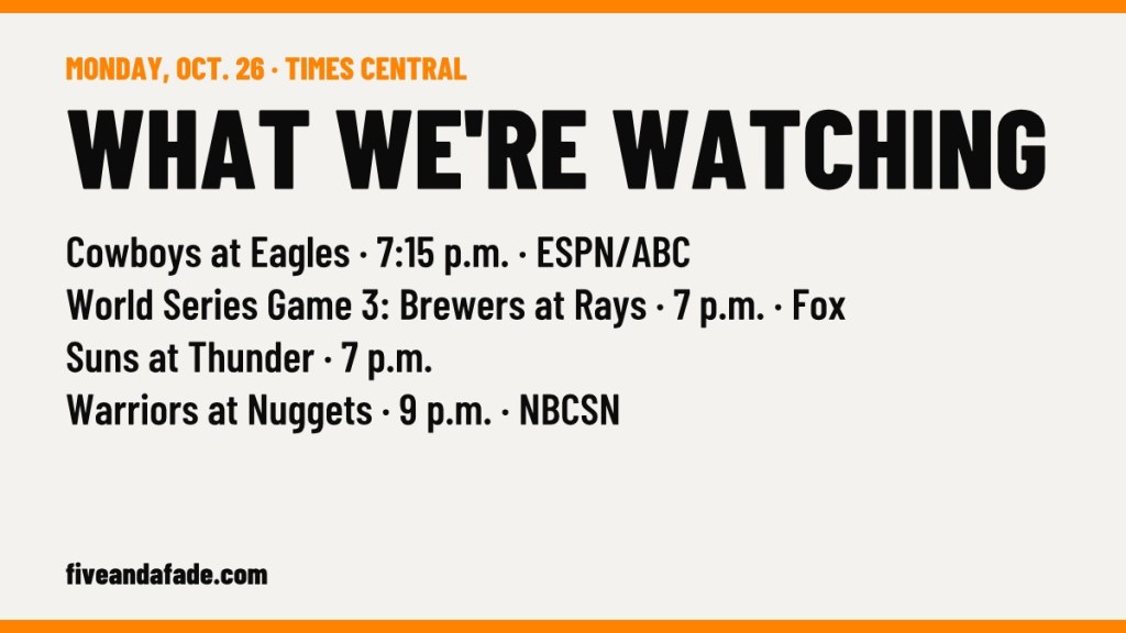 Five and a Fade card: What we're watching Monday, Oct. 26: Cowboys at Eagles, World Series Game 3 Brewers at Rays, Suns at Thunder, Warriors at Nuggets