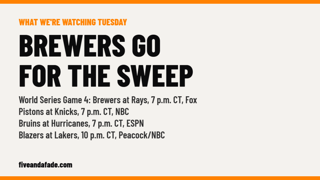 Five and a Fade card: What we're watching Tuesday, Brewers at Rays in World Series Game 4, Pistons at Knicks, Bruins at Hurricanes, Blazers at Lakers