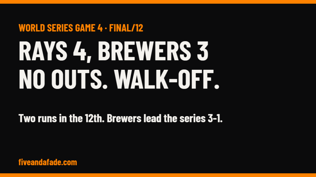 Tampa Bay Rays 4, Milwaukee Brewers 3 in 12 innings, World Series Game 4 final score card